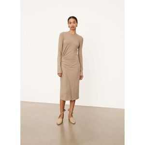 Vince Gathered Long Sleeve Midi Dress Tan Color Size Small Quiet Luxury Classic